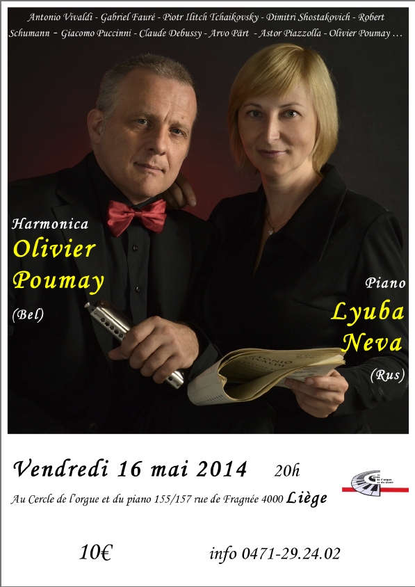 Affiche. Olivier Poumay (harmonica) et Lyuba Neva (piano) en concert. 2014-05-16